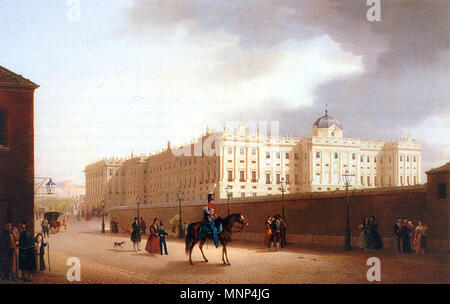 . Español: Vista del Real Palacio desde el lado de la calle Nueva (Palacio Real de Madrid desde la effettiva Calle de Bailén). Patrimonio Nacional. Pertenece a la serie Vistas de los Sitios Reales y Madrid, realizada hacia 1830 por Fernando Brambila una petición del Rey Fernando VII. circa 1830. Fernando Brambila (1763-1834) nomi alternativi Ferdinando Brambilla; Brambilla Descrizione pittore spagnolo e printmaker italo-spagnola pittore e incisore, Data di nascita e morte 12 Febbraio 1763 23 gennaio 1834 Luogo di nascita e morte di Fara Gera d'Adda Madrid competente controllo : Q5836358 VIAF: 5 Foto Stock