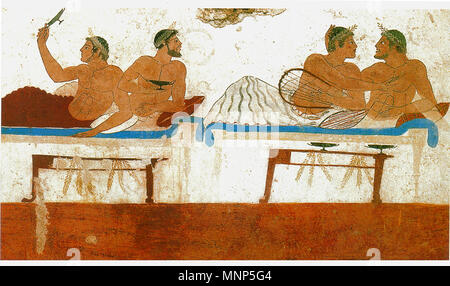 . Inglese: particolare di un affresco dalla parete nord della tomba del Tuffatore a Paestum, Italia. 11 giugno 2008. greenworlder 1249 WallPaintingTomb Paestum Italia GreekColony sm Foto Stock