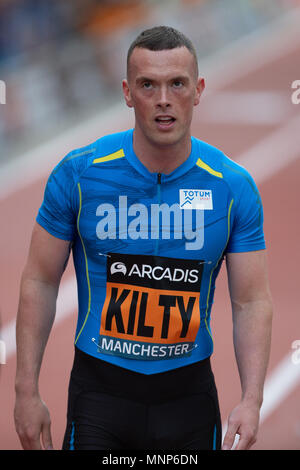 Deansgate, Manchester, Regno Unito. 18 Maggio, 2018. La Arcadis grande CityGames, Manchester; Richard Kilty dopo la mens 150m Credito: Azione Sport Plus/Alamy Live News Foto Stock