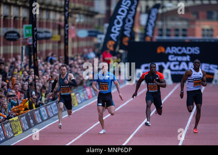 Deansgate, Manchester, Regno Unito. 18 Maggio, 2018. La Arcadis grande CityGames, Manchester; Richard Kilty conduce nella mens 150m Credito: Azione Sport Plus/Alamy Live News Foto Stock