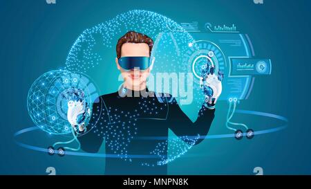 Uomo che utilizza indossando la realtà virtuale auricolare. Uomo al lavoro con astratta interfaccia HUD. Sistema di realtà aumentata sostituisce le mani utente su bracci robotizzati. Illustrazione Vettoriale