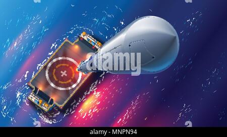 Lancio del razzo sull autonoma spaceport drone nave in mare. Vista dall'alto. astronave decolla nello spazio. Marine di Baikonur flottante. La tecnologia aerospaziale fu Illustrazione Vettoriale