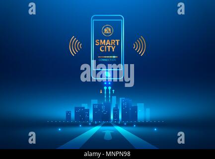 Smart city una comunicazione senza fili con smart phone. Future Concept. Illustrazione Vettoriale. Illustrazione Vettoriale