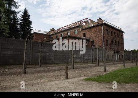 Filo spinato al campo di concentramento nazista di Auschwitz Foto Stock