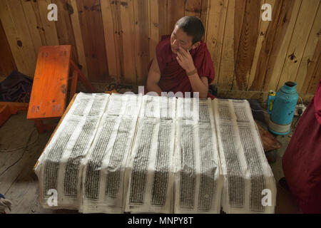 Monaco rendendo la carta a mano scritture e stampe di woodblock all'interno della sacra Scrittura Bakong Stampa Monastero a Dege, Sichuan, in Cina Foto Stock