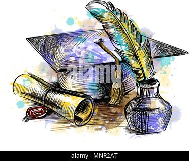 Diploma di laurea con un cappuccio di laureati e penna Illustrazione Vettoriale