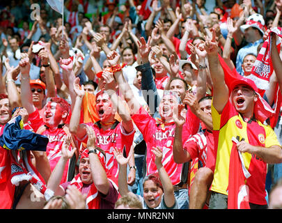 Calcio: Gelredome Arnhem, Paesi Bassi 11.06.2000, UEFA EURO 2000 Torneo, fase di gruppo (GRUPPO B), Turchia (rosso) vs Italia (blu) 1:2 ---- i ventilatori della Turchia Foto Stock