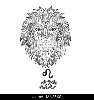 Design Zendoodle di leone segno zodiacale per illustrazione e libro da colorare pagina per adulto. Vettore di stock. Illustrazione Vettoriale