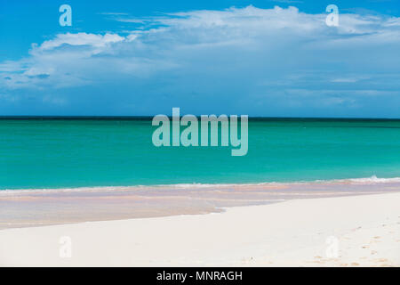 Spiaggia tropicale idilliaco su Barbuda isola dei Caraibi con sabbia rosa, oceano turchese acqua e cielo blu Foto Stock