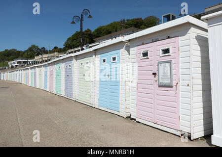 Una linea di sole cabine in legno con vivacemente colorato porte in curva la distanza sul lungomare di Lyme Regis. Foto Stock