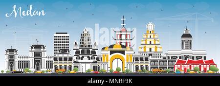 Medan Indonesia skyline della città con edifici di colore e cielo blu. Illustrazione Vettoriale. Viaggi di affari e di turismo con il concetto di architettura storica. Illustrazione Vettoriale