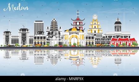 Medan Indonesia skyline della città con edifici di colore, cielo blu e riflessi. Illustrazione Vettoriale. Illustrazione Vettoriale