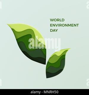 Giornata mondiale dell'ambiente. Coppia di foglie verdi. Ecologia e la cura circa la natura. Carta ecologica cut logo. Illustrazione Vettoriale