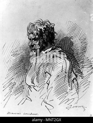 Paul Gavarni (Francese, 1804-1866). 'Mauvais Coucheur", 1852-1866. ferro gall di inchiostro con inchiostro rosso sul beige, moderatamente denso, leggermente strutturata carta intessuta. Walters Art Museum (37.1450): acquisita da William T. Walters, 1865. 37.1450 966 Paul Gavarni - Mauvais Coucheur - Walters 371450 Foto Stock