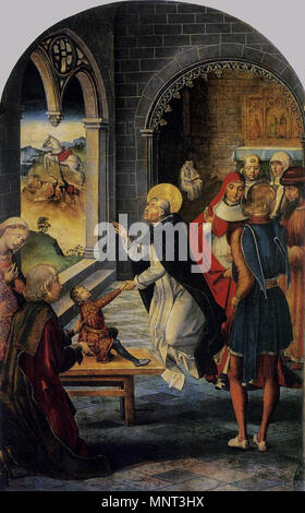 Spagnolo: Santo Domingo resucita un onu joven San Domenico alleato resuscita un ragazzo . Español: La obra rappresentanouna un Santo Domingo de Guzman, fundador de la Orden de los dominicos, resucitando un joven delle Nazioni Unite. . Tra circa 1493 e circa 1499. 970 Pedro Berruguete - San Domenico alleato resuscita un ragazzo - WGA02082 Impossibile assegnare la Foto Stock