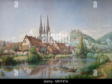 . Deutsch: Blick auf Marburg. Aquarell mit Deckfarben. Signiert und datiert P. Becker 1874. Elisabethkirche. Im Hintergrund ist der Hügel der Augustenruhe als Ausläufer des Marburger Rückens zu erkennen. . 1874. 975 Peter Becker Blick auf Marburg 1874 Foto Stock