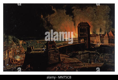 . Deutsch: Beschießung der Stadt und brennende Vorstadt Hanau beim Abzug der Franzosen in der Schlacht bei Hanau (Nacht vom 30. auf den 31. Oktober 1813). Ölgemälde auf Papier, auf Leinwand aufgezogen. Aufbewahrung: Museo Darmstadt B8. Literatur: Werner Kurz/ Eckhard Meise/ Anton Merk: Die Schlacht bei Hanau 1813. (Hrg. von Magistrat der Stadt Hanau, Kulturamt, Museo Hanau und Hanauer Geschichtsverein), Hanau 1993, S. 47, ABB. 26. dopo il 1813. Konrad Westermayr (1765-1834) nomi alternativi Konrad Westermayr (1765-1834); Conrad Westermayr Descrizione pittore tedesco, calcografia engrav Foto Stock