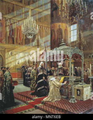 . Inglese: en:Alexander Litovchenko (1835-90). Giovani en:Tsar Alexis pregare davanti alle reliquie di en:Metropolitan Philip in presenza di en:Patriarca Nikon. Русский: Царь Алексей Михайлович и Никон у гроба святого Филиппа . Il 25 luglio 2005 (originale data di caricamento). Alexander Litovchenko (1835-1890) nomi alternativi Litovtchenko Alexander Descrizione pittore russo Data di nascita e morte 14 marzo 1835 (nel calendario giuliano) 16 giugno 1890 (nel calendario giuliano) Luogo di nascita e morte Кременчуг San Pietroburgo posizione di lavoro a San Pietroburgo e a Mosca competente controllo : Q2914700 VIAF: 9615971 Foto Stock