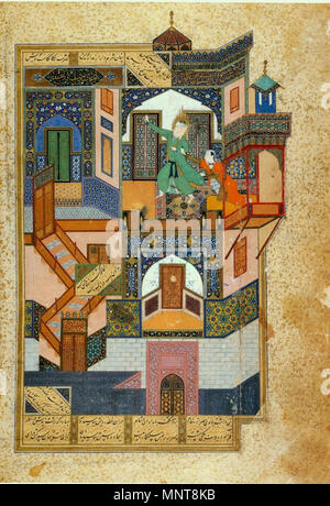 . Nederlands: BIHZAD, Yusef vlucht voor Zuleykha (Jozef en de vrouw van Potifar), 1488, Herat, Afghanistan Русский: Искушение Юсуфа. Бустан Саади. Герат, 1488 г.Каир, Национальная библиотека. Il Cairo, biblioteca nazionale . 1488. 1279 Yusef Zuleykha Foto Stock