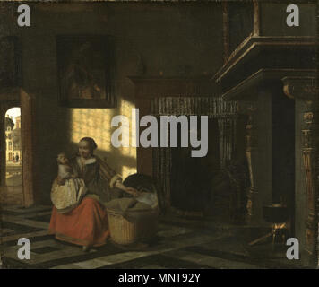 Interno con una madre vicino a una culla . Inglese: interno con una madre vicino a una culla Svenska: Interiör med modernamente vid vaggan . tra il 1665 e il 1670. 992 Pieter De Hooch - interno con una madre vicino a una culla - 1665-1670 Foto Stock