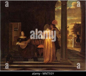 Un elegante azienda rendendo la musica in un vestibolo, in vista di una città questo oggetto è indicizzato in RKDimages, database dell'Istituto olandese per la storia dell'arte, al di sotto del riferimento 44502. Čeština | English | français | македонски | Nederlands | +/- ca. 1665-1684. 992 Pieter De Hooch - Musical party su un terrazzo con una vista di una città Foto Stock