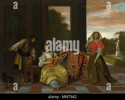 Fare musica società con una scimmia su un terrazzo questo oggetto è indicizzato in RKDimages, database dell'Istituto olandese per la storia dell'arte, al di sotto del riferimento 248088. Čeština | English | français | македонски | Nederlands | +/- circa 1669. 992 Pieter De Hooch - Musical Party su una terrazza Foto Stock