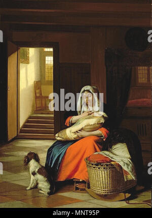 Madre allattava il bambino 1674-1676. 992 Pieter De Hooch - Donna assistenza infermieristica da una culla con un cane ai suoi piedi Foto Stock