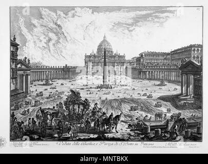 Italiano: Veduta della Basilica e Piazza di San Pietro in Vaticano 1. Il Palazzo Pontificio fabricato da Sisto V. 2. Logge di Giulio II. architettura di Bramante Lazzari, e dipinte da Rafaello d' Urbino. 3. Guglia eretta da Sisto V. 4. Vasca tutta di un pezzo di granito orientale. 1748-1774. 1001 Piranesi-16006 Foto Stock