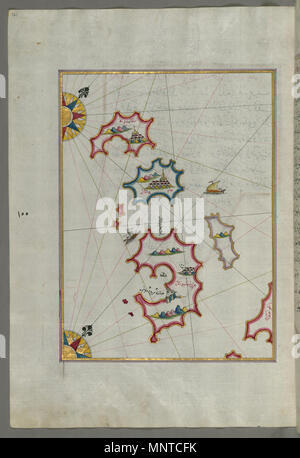 Piri Reis (Turco, 1465-1555). "Foglia dal libro sulla navigazione,' XVII - XVIII secolo. inchiostro, vernice e oro su carta. Walters Art Museum (W.658.161A): acquistato da Henry Walters. W.658.161un 1003 Piri Reis - Mappa di piccole isole a nord-ovest dell'isola di Pag - Walters W658161A - Pagina completa Foto Stock
