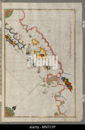Piri Reis (Turco, 1465-1555). "Foglia dal libro sulla navigazione,' XVII - XVIII secolo. inchiostro, vernice e oro su carta. Walters Art Museum (W.658.151B): acquistato da Henry Walters. W.658.151b 1003 Piri Reis - Mappa della costa adriatica da Dubrovnik Nord - Walters W658151B - Pagina completa Foto Stock