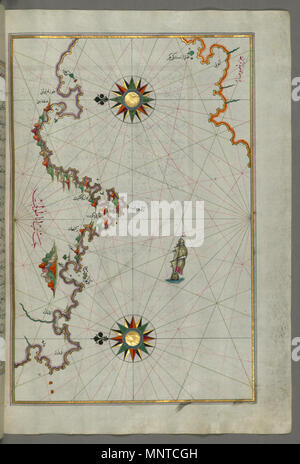 Piri Reis (Turco, 1465-1555). "Foglia dal libro sulla navigazione,' XVII - XVIII secolo. inchiostro, vernice e oro su carta. Walters Art Museum (W.658.75B): acquistato da Henry Walters. W.658.75b 1003 Piri Reis - Mappa della costa anatolica rivolta verso l'isola di Samos - Walters W65875B - Pagina completa Foto Stock