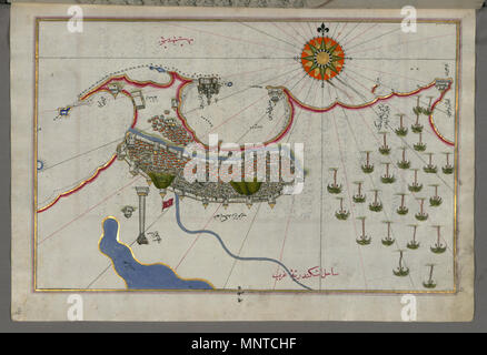 Piri Reis (Turco, 1465-1555). "Foglia dal libro sulla navigazione,' XVII - XVIII secolo. inchiostro, vernice e oro su carta. Walters Art Museum (W.658.302A): acquistato da Henry Walters. W.658.302un 1003 Piri Reis - Mappa della città di Alessandria - Walters W658302A - Pagina completa Foto Stock