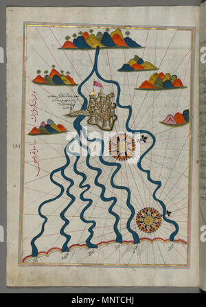 Piri Reis (Turco, 1465-1555). "Foglia dal libro sulla navigazione,' XVII - XVIII secolo. inchiostro, vernice e oro su carta. Walters Art Museum (W.658.187A): acquistato da Henry Walters. W.658.187un 1003 Piri Reis - Mappa della città di Ferrara con i sei fiumi che sfociano nel Golfo di Venezia - Walters W658187A - Pagina completa Foto Stock