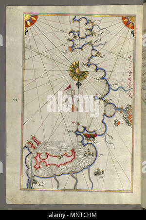 Piri Reis (Turco, 1465-1555). "Foglia dal libro sulla navigazione,' XVII - XVIII secolo. inchiostro, vernice e oro su carta. Walters Art Museum (W.658.255A): acquistato da Henry Walters. W.658.255un 1003 Piri Reis - Mappa della costa intorno a Narbonne - Walters W658255A - Pagina completa Foto Stock