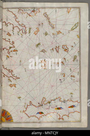 Piri Reis (Turco, 1465-1555). "Foglia dal libro sulla navigazione,' XVII - XVIII secolo. inchiostro, vernice e oro su carta. Walters Art Museum (W.658.129B): acquistato da Henry Walters. W.658.129b 1003 Piri Reis - Mappa delle Isole Cicladi tra la penisola del Peloponneso e di Creta - Walters W658129B - Pagina completa Foto Stock