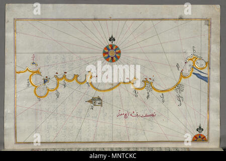 Piri Reis (Turco, 1465-1555). "Foglia dal libro sulla navigazione,' XVII - XVIII secolo. inchiostro, vernice e oro su carta. Walters Art Museum (W.658.298B): acquistato da Henry Walters. W.658.298b 1004 Piri Reis - Mappa della costa egiziana da Matruh verso est verso Alessandria - Walters W658298B - Pagina completa Foto Stock