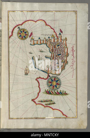 Piri Reis (Turco, 1465-1555). "Foglia dal libro sulla navigazione,' XVII - XVIII secolo. inchiostro, vernice e oro su carta. Walters Art Museum (W.658.182B): acquistato da Henry Walters. W.658.182b 1004 Piri Reis - Mappa della fortezza di Trieste - Walters W658182B - Pagina completa Foto Stock