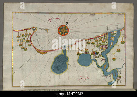 Piri Reis (Turco, 1465-1555). "Foglia dal libro sulla navigazione,' XVII - XVIII secolo. inchiostro, vernice e oro su carta. Walters Art Museum (W.658.303B): acquistato da Henry Walters. W.658.303b 1004 Piri Reis - Mappa della costa egiziana di Alessandria per quanto riguarda la città di Rashid - Walters W658303B - Pagina completa Foto Stock