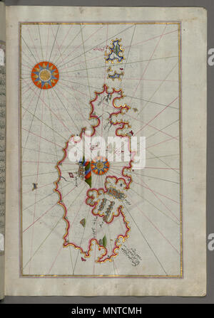 Piri Reis (Turco, 1465-1555). "Foglia dal libro sulla navigazione,' XVII - XVIII secolo. inchiostro, vernice e oro su carta. Walters Art Museum (W.658.222B): acquistato da Henry Walters. W.658.222b 1004 Piri Reis - Mappa dell'isola di Malta - Walters W658222B - Pagina completa Foto Stock
