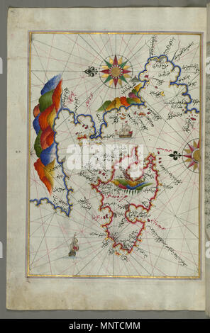 Piri Reis (Turco, 1465-1555). "Foglia dal libro sulla navigazione,' XVII - XVIII secolo. inchiostro, vernice e oro su carta. Walters Art Museum (W.658.62a): acquistato da Henry Walters. W.658.62a 1004 Piri Reis - Mappa dell'isola di Midilli nel nord-est del Mar Egeo - Walters W65862A - Pagina completa Foto Stock