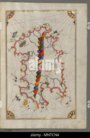 Piri Reis (Turco, 1465-1555). "Foglia dal libro sulla navigazione,' XVII - XVIII secolo. inchiostro, vernice e oro su carta. Walters Art Museum (W.658.226B): acquistato da Henry Walters. W.658.226b 1004 Piri Reis - Mappa dell'isola di Sardegna - Walters W658226B - Pagina completa Foto Stock