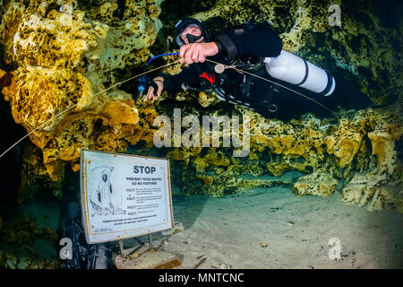 Scuba Diver con avvertenza Stop con la illustrazione della morte, vicino all'ingresso del l'occhio del diavolo grotta, Ginnie molle, le molle di alta, Florida, Stati Uniti d'America Foto Stock