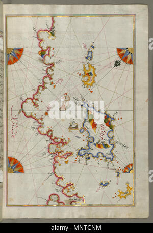 Piri Reis (Turco, 1465-1555). "Foglia dal libro sulla navigazione,' XVII - XVIII secolo. inchiostro, vernice e oro su carta. Walters Art Museum (W.658.145B): acquistato da Henry Walters. W.658.145b 1004 Piri Reis - Mappa delle isole di Corfù e Paxi - Walters W658145B - Pagina completa Foto Stock