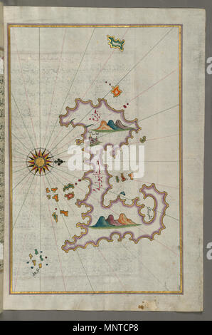 Piri Reis (Turco, 1465-1555). "Foglia dal libro sulla navigazione,' XVII - XVIII secolo. inchiostro, vernice e oro su carta. Walters Art Museum (W.658.344B): acquistato da Henry Walters. W.658.344b 1004 Piri Reis - Mappa dell'isola di Istanbul - Walters W658344B - Pagina completa Foto Stock