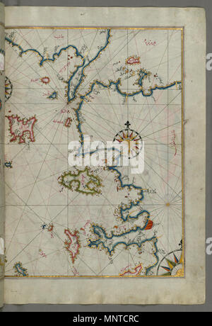 Piri Reis (Turco, 1465-1555). "Foglia dal libro sulla navigazione,' XVII - XVIII secolo. inchiostro, vernice e oro su carta. Walters Art Museum (W.658.62B): acquistato da Henry Walters. W.658.62b 1004 Piri Reis - Mappa del Mar di Marmara e le isole dell'Egeo orientale da Semendrek a Chios - Walters W65862B - Pagina completa Foto Stock