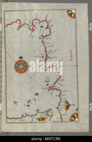 Piri Reis (Turco, 1465-1555). "Foglia dal libro sulla navigazione,' XVII - XVIII secolo. inchiostro, vernice e oro su carta. Walters Art Museum (W.658.236B): acquistato da Henry Walters. W.658.236b 1004 Piri Reis - Mappa dello Stretto di Messina e la costa occidentale italiana - Walters W658236B - Pagina completa Foto Stock