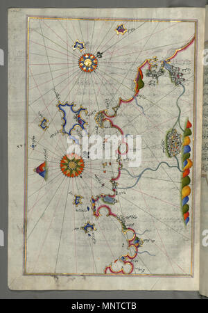 Piri Reis (Turco, 1465-1555). "Foglia dal libro sulla navigazione,' XVII - XVIII secolo. inchiostro, vernice e oro su carta. Walters Art Museum (W.658.244A): acquistato da Henry Walters. W.658.244un 1004 Piri Reis - Mappa della costa occidentale italiana per quanto riguarda la città di Pisa - Walters W658244A - Pagina completa Foto Stock