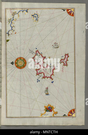 Piri Reis (Turco, 1465-1555). "Foglia dal libro sulla navigazione,' XVII - XVIII secolo. inchiostro, vernice e oro su carta. Walters Art Museum (W.658.234B): acquistato da Henry Walters. W.658.234b 1004 Piri Reis - Mappa delle due isole di Maiorca - Ibiza e Formentera - Walters W658234B - Pagina completa Foto Stock