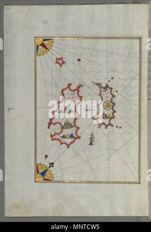 Piri Reis (Turco, 1465-1555). "Foglia dal libro sulla navigazione,' XVII - XVIII secolo. inchiostro, vernice e oro su carta. Walters Art Museum (W.658.162A): acquistato da Henry Walters. W.658.162un 1004 Piri Reis - Mappa di due isole non identificato nelle vicinanze di Isola di Pag - Walters W658162A - Pagina completa Foto Stock
