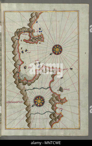 Piri Reis (Turco, 1465-1555). "Foglia dal libro sulla navigazione,' XVII - XVIII secolo. inchiostro, vernice e oro su carta. Walters Art Museum (W.658.343B): acquistato da Henry Walters. W.658.343b 1004 Piri Reis - Mappa di Unidentified isole al largo del Sud Costa anatolica - Walters W658343B - Pagina completa Foto Stock